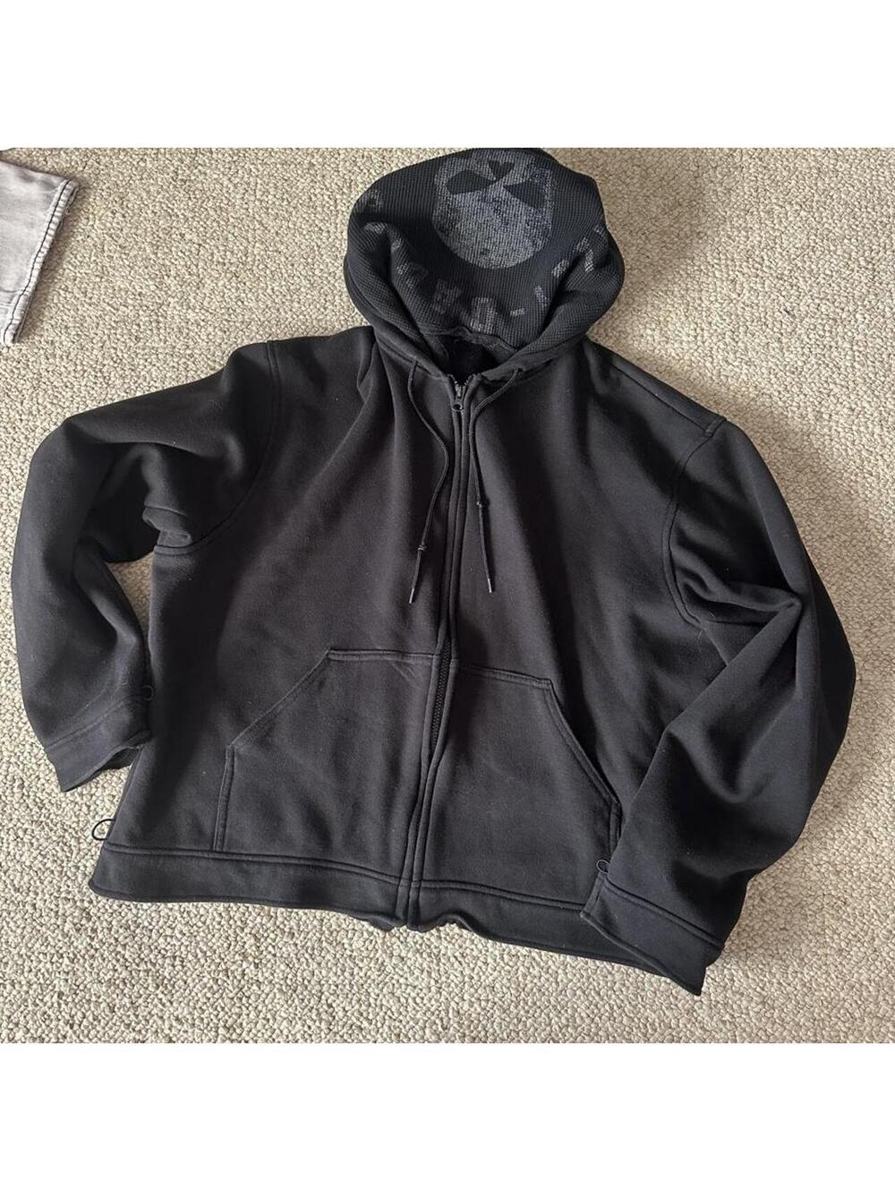 Harley Davidson black zip up hoodie with skull graphic on the inside hood,